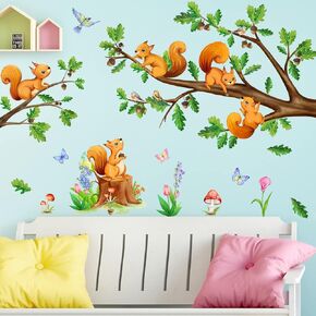 Cherry Blossom Tree Branch Wall Decals Watercolor Pink Flower Birds Wall Stickers Vine Flower Green Leaf Butterfly Wall Art Vinyl Removable Peel and Stick Wallpaper for Kids Nursery Home Decor
