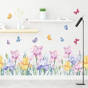 Runtoo Flower Butterfly Wall Decals Iris Floral Garden Wall Art Stickers Girls Bedroom Living Room Kids Nursery Wall Decor