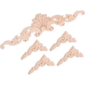 uxcell 5pcs Wood Appliques Onlays Set DIY Horn Flower Decorative Wood Carved Onlay for Furniture Bed Door Wardrobe, (1pc 30.5cm and 4pcs 8cm Length)