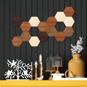 Wooden Hexagon Wall Stickers, 15 PCS Multi Color Wood Wall Art Decals, 3D Hexagon Wall Decals Sticker Hexagon Wall Tiles for Office Living Room Bedroom Home Wall