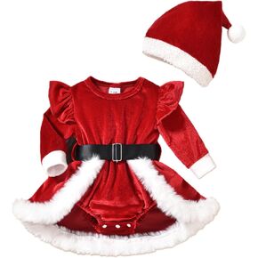 Newborn Baby Girl Christmas Romper Dress Long Sleeve Red Velvet Dress Santa Hat 2Pcs Outfit Infant Xmas Clothes