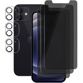 (3+3) For iPhone 12 (6.1") (3 Pack) Anti Spy Private Tempered Glass Film Privacy Screen Protector and (3 Pack) Camera Lens Protector [Not Affect Flash], 9H Hardness, Anti Scratch