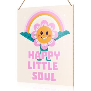 UDNADKEX Girl Nursery Wall Sign Hanging Decor, Happy Little Soul, Nursery Girl Bedroom Toddler Room Playroom Wooden Decor Nursery Decoration, Gift for Baby Girl