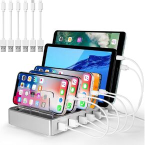 Charging Station for Multiple Devices, 6 Ports Charger Station USB Multi Phone Fast Charging Station for Cell Phone Tablets (Silver, 6 Mixed Cables Included)