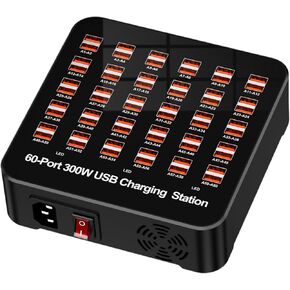 USB Charger USB Charging Station for Multiple Devices 300W (60A) 60 Ports Wall Charger Charging Hub Desktop Fast Charging Block Compatible with iPhone iPad Laptop Smartphones