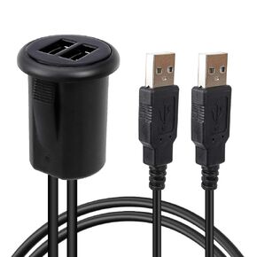 2 Ports Dual Car USB Port 2.0 Male to Female USB Cable AUX Flush Mount, YM1240 Car Mount Extension Cable with Buckle for Car Truck Boat Motorcycle Dashboard Panel