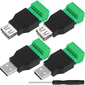 USB Type A Connector Screw Terminal Solderless 5 Way/Pin Block Adapter, USB 2.0 Repair Kit Male Female to Shield Terminals Pluggable Type Converter for USB Cable, 4 PCS