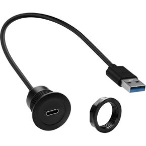 QIANRENON USB3.0 to USB C Embedded Mount Adapter Short Cable 5Gbps USB3.0 Male to Type C Female Threaded Fixed Panel Mount Connector Cable 5V/3A Charging, for Car Dashboard Desktop, 30cm/11.8in