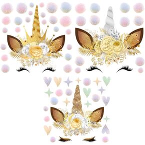 Maydahui 3 Sheets Unicorn Wall Decals 11inch Gold Flowers Wall Sticker Large Horn Ears Eyelash Stickers Dreamy Flash Powder Ball Decal for Gilrs Bedroom Christmas Decoration