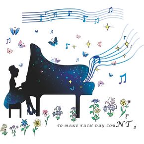 Piano Girl Wall Decal Butterfly Flower Fairy Wall Sticker Musical Note Wall Murals 41.3x32.2inch Self-Adhesive Vinyl Wall Stickers for Bedroom Living Room Nursery Classroom Wall Decors