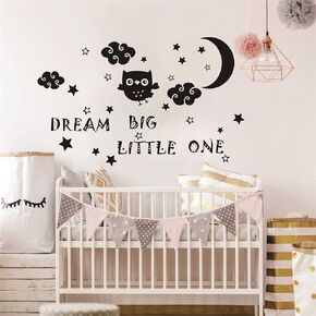 Dream Big Little One Wall Decor Animal Owl Vinyl Removale Wall Decal for Nursery Kids Bedroom Decoration Clouds Home Wall Art Moon and Stars Wall Stickers for Baby Boys and Girls Room DDK42 (Black)