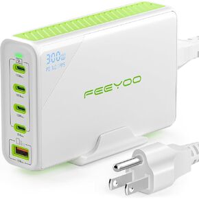 300W USB C Charger FEEYOO GAN Fast Charging Station 5 Ports Type C Power Adapter PD 100w Desktop Charger Compatible with MacBook Pro/Air,Dell XPS,iPad,iPhone,Galaxy etc