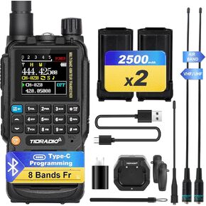 TIDRADIO TD-H3 Ham Radio Handheld(2PCS Batteries), 8-Bands, Wireless &Type C Programming, Frequency Match, Air Band &771 Long Antennas, Walkie Talkie Rechargeable Portable Two Way Radio Full Kit 1Pack