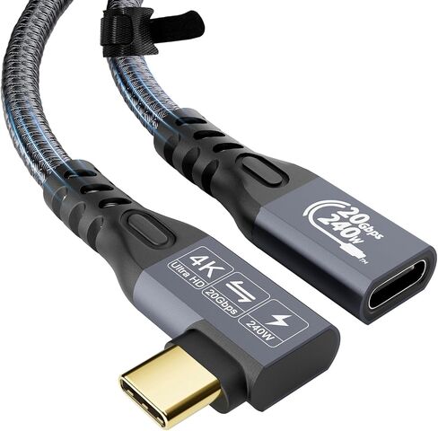 كابل USB C إلى USB C 3.2 Gen2 X 2 ذكر أنثى زاوية نوع C كابل شحن، نقل بيانات 20 جيجابت في الثانية، كابل شحن سريع 240 وات 48 فولت/5 أمبير، نقل فيديو 4K @ 60 هرتز (0.25 متر) in Saudi Arabia