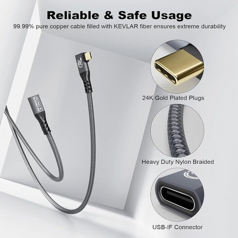كابل USB C إلى USB C 3.2 Gen2 X 2 ذكر أنثى زاوية نوع C كابل شحن، نقل بيانات 20 جيجابت في الثانية، كابل شحن سريع 240 وات 48 فولت/5 أمبير، نقل فيديو 4K @ 60 هرتز (0.25 متر) in Saudi Arabia