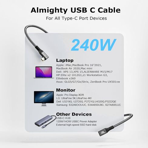 كابل USB C إلى USB C 3.2 Gen2 X 2 ذكر أنثى زاوية نوع C كابل شحن، نقل بيانات 20 جيجابت في الثانية، كابل شحن سريع 240 وات 48 فولت/5 أمبير، نقل فيديو 4K @ 60 هرتز (0.25 متر) in Saudi Arabia