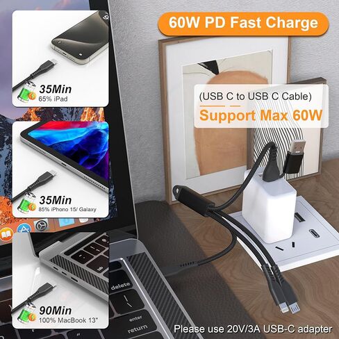 كابل شحن متعدد 5 في 1 شحن سريع 60 وات، كابل سلسلة مفاتيح USB عالمي قصير، سلك شحن محمول مجدول من النايلون مع نوع C [MFi & 3A شحن سريع ومزامنة البيانات وCarplay]/Micro USB/منافذ Lightning in Kuwait