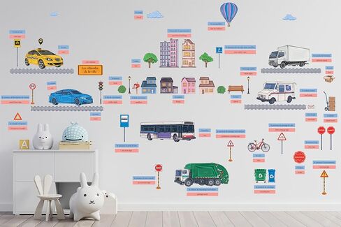 Chinese/English Bilingual Kids Wall Decals | Educational and Fun Wall Decals for Kids | Removable Stickers for Kids | City Vehicles Theme | 60+ Removable Wall Decals in Saudi Arabia