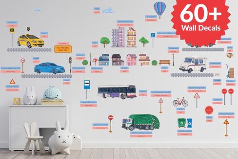 Chinese/English Bilingual Kids Wall Decals | Educational and Fun Wall Decals for Kids | Removable Stickers for Kids | City Vehicles Theme | 60+ Removable Wall Decals in Saudi Arabia