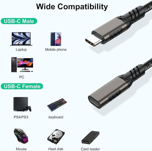 كابل تمديد USB C بطول 3.3 قدم، سلك USB من النوع C ذكر إلى أنثى [USB3.1 Gen2/10Gbps] موسع USB C لنقل المزامنة 100 وات/5 أمبير شحن سريع متوافق مع أجهزة MacBook، والكمبيوتر المحمول، والكمبيوتر اللوحي، والهاتف المحمول والمزيد in Kuwait