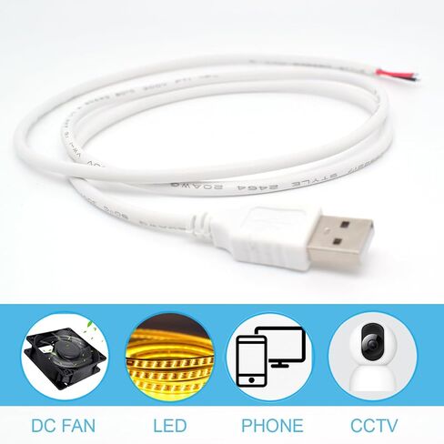 2PCS 20AWG White USB Pigtail Male 2 Wire 5V 5A 1M/3.3FT USB 2.0 Male Plug 2 Pin Bare Wire Open End Wire Cable with 2-Position Spring Wire Connector for Replacement Repair DIY Pigtail Cable in Kuwait