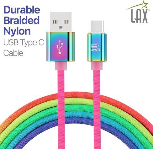 LAX Gadgets USB C Cable - Nylon Braided USB-C Charging Cable & Data Transferring - USB A to USB C for Android Phones, Google Pixel, Apple MacBook & Samsung Galaxy Phones - 6ft - Rainbow (USBC6BOW) in Saudi Arabia