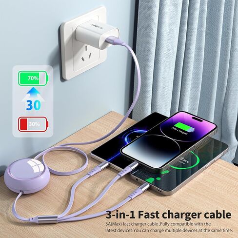 HianDier Multi Charging Cable 4FT 3 in 1 Charging Cable Fast Charging Data Sync Cord Retractable Charging Cable USB to Lightning/USB C/Micro for Cell Phones, iPhone, iPad, Samsung Galaxy, PS, Tablet in Saudi Arabia