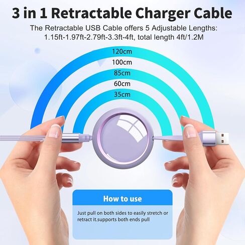 HianDier Multi Charging Cable 4FT 3 in 1 Charging Cable Fast Charging Data Sync Cord Retractable Charging Cable USB to Lightning/USB C/Micro for Cell Phones, iPhone, iPad, Samsung Galaxy, PS, Tablet in Saudi Arabia