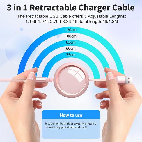 HianDier Multi Charging Cable 4FT 3 in 1 Charging Cable Fast Charging Data Sync Cord Retractable Charging Cable USB to Lightning/USB C/Micro for Cell Phones, iPhone, iPad, Samsung Galaxy, PS, Tablet in Saudi Arabia