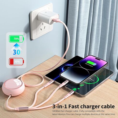 كابل شحن متعدد HianDier بطول 4 أقدام 3 في 1 كابل شحن سريع ومزامنة البيانات وكابل شحن قابل للسحب USB إلى Lightning/USB C/Micro للهواتف المحمولة، iPhone، iPad، Samsung Galaxy، PS، الكمبيوتر اللوحي in Kuwait