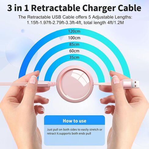 كابل شحن متعدد HianDier بطول 4 أقدام 3 في 1 كابل شحن سريع ومزامنة البيانات وكابل شحن قابل للسحب USB إلى Lightning/USB C/Micro للهواتف المحمولة، iPhone، iPad، Samsung Galaxy، PS، الكمبيوتر اللوحي in Kuwait