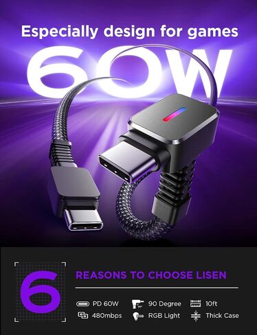 كابل LISEN USB C إلى USB C بطول 10 أقدام، تصميم زاوية يمنى 90 درجة Steam Deck PD سلك شحن سريع مصمم خصيصًا للألعاب المتوافقة مع iPhone 16 pro max/15/14/13 Switch وSamsung Galaxy وMacBook وiPad in Saudi Arabia