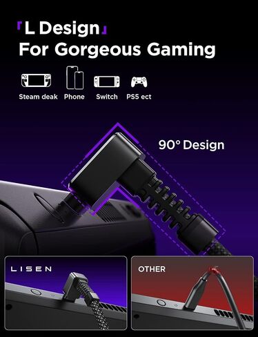 كابل LISEN USB C إلى USB C بطول 10 أقدام، تصميم زاوية يمنى 90 درجة Steam Deck PD سلك شحن سريع مصمم خصيصًا للألعاب المتوافقة مع iPhone 16 pro max/15/14/13 Switch وSamsung Galaxy وMacBook وiPad in Saudi Arabia