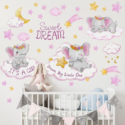 Cute Elephant Wall Stickers Pink Watercolor Clouds Moon Stars Wall Declas for Kids Baby Girls Room Nursery Decor Home Decoration for Bedroom Playroom Art Present in Saudi Arabia