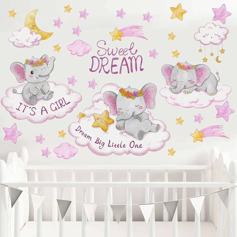 Cute Elephant Wall Stickers Pink Watercolor Clouds Moon Stars Wall Declas for Kids Baby Girls Room Nursery Decor Home Decoration for Bedroom Playroom Art Present in Saudi Arabia