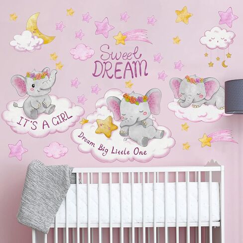 Cute Elephant Wall Stickers Pink Watercolor Clouds Moon Stars Wall Declas for Kids Baby Girls Room Nursery Decor Home Decoration for Bedroom Playroom Art Present in Saudi Arabia