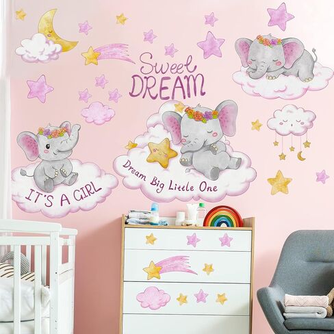 Cute Elephant Wall Stickers Pink Watercolor Clouds Moon Stars Wall Declas for Kids Baby Girls Room Nursery Decor Home Decoration for Bedroom Playroom Art Present in Saudi Arabia