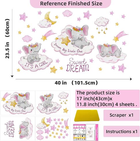 Cute Elephant Wall Stickers Pink Watercolor Clouds Moon Stars Wall Declas for Kids Baby Girls Room Nursery Decor Home Decoration for Bedroom Playroom Art Present in Saudi Arabia