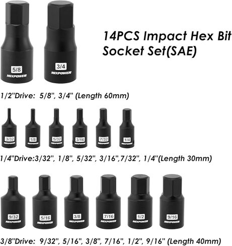 MIXPOWER 14-Piece Dr. Bit Socket Set, 2.5mm to 19mm, 1/4", 3/8" and 1/2" Drive, Cr-Mo Impact Grade, Metric, Hex Bit Socket in Kuwait