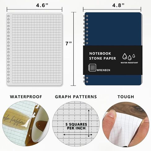 2PCS Waterproof Spiral Notebooks with Stone Paper and PVC Cover, Graph Pattern Weatherproof Notepad 100 Pages, Medium Size All-Weather Steno Pads for Outdoor Field (4.8"x7", Blue) in Saudi Arabia