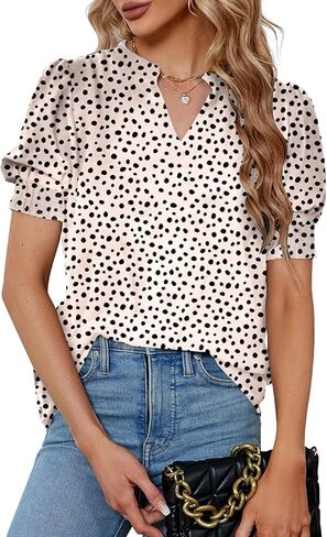 Astylish Womens Fashion Blouses Notched V Neck Puffer Short Sleeve Shirt Polka Dot Tops Chiffon Dressy Shirts in Kuwait