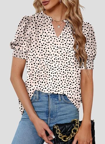 Astylish Womens Fashion Blouses Notched V Neck Puffer Short Sleeve Shirt Polka Dot Tops Chiffon Dressy Shirts in Kuwait