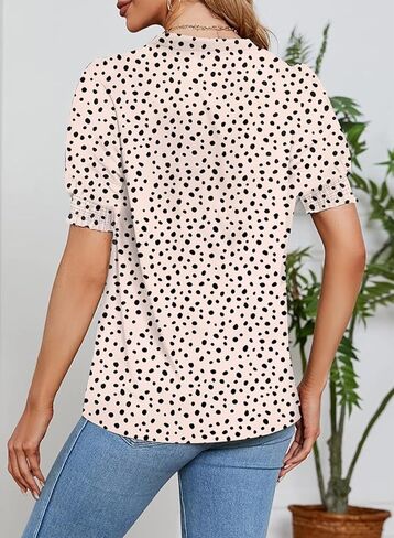 Astylish Womens Fashion Blouses Notched V Neck Puffer Short Sleeve Shirt Polka Dot Tops Chiffon Dressy Shirts in Kuwait