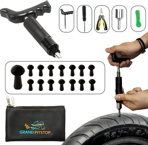طقم إصلاح قابس الإطارات 21 قطعة من GRAND PITSTOP مع زرادية متعددة الوظائف للثقوب والشقق في السيارات والدراجات النارية وATV وRV وسيارات الدفع الرباعي والمقطورة والشاحنات والجرارات (15 قابس فطر) in Kuwait