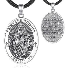 St Christopher Medal Necklace S925 Sterling Silver Patron Saint Amulet Pendant Necklace for Men Boys with 22"+2" Chain