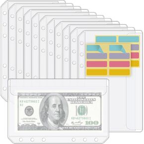 KTRIO 12PCS A6 Binder Pockets Zipless 6-Holes Cash Envelopes for Budgeting, Money Envelope Binder Pouch No Zipper A6 Binder Inserts Clear PVC Loose Leaf Bags for Cash Stuffing Binder, Side Loading