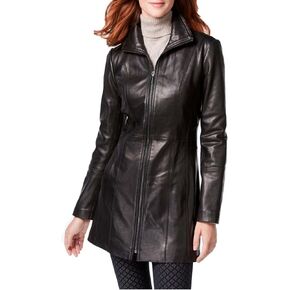 Anne Klein Stand-Collar Leather Jacket-Chocolate-S