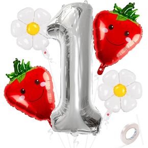 10 PCS Strawberry Balloons, 28 Inch Strawberry Foil Balloons with Ribbon for Strawberry Party Decorations, Strawberry Baby Shower Decorations
