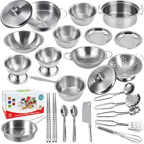 Mini Stainless Steel Kitchen Toys Cooking Utensils Set - Pretend Play Pots Pans Toy Cookware Kits for Kids Cooking Utensil Set ,Role Play Educational Toys for Toddlers (Color Paper Box Packaging)
