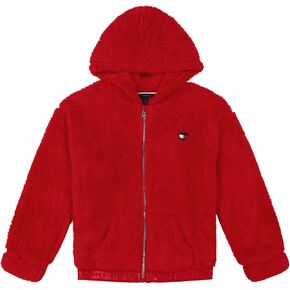 Tommy Hilfiger Girls' Full-Zip Fleece Hoodie Sweatshirt with Front Pockets, Placid Blue Heart Flag